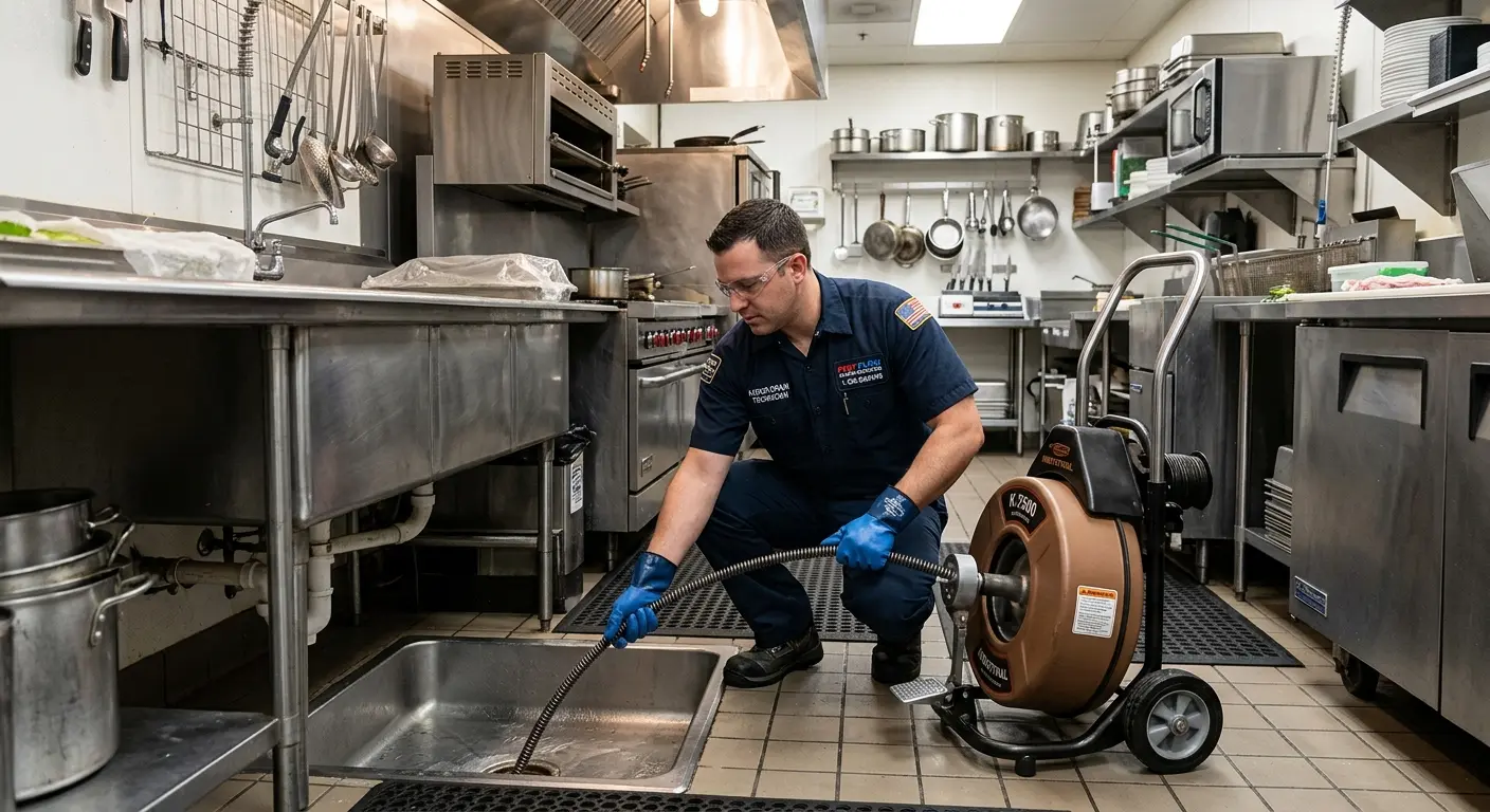 Commercial drain cleaning service in a restaurant kitchen in La Crosse