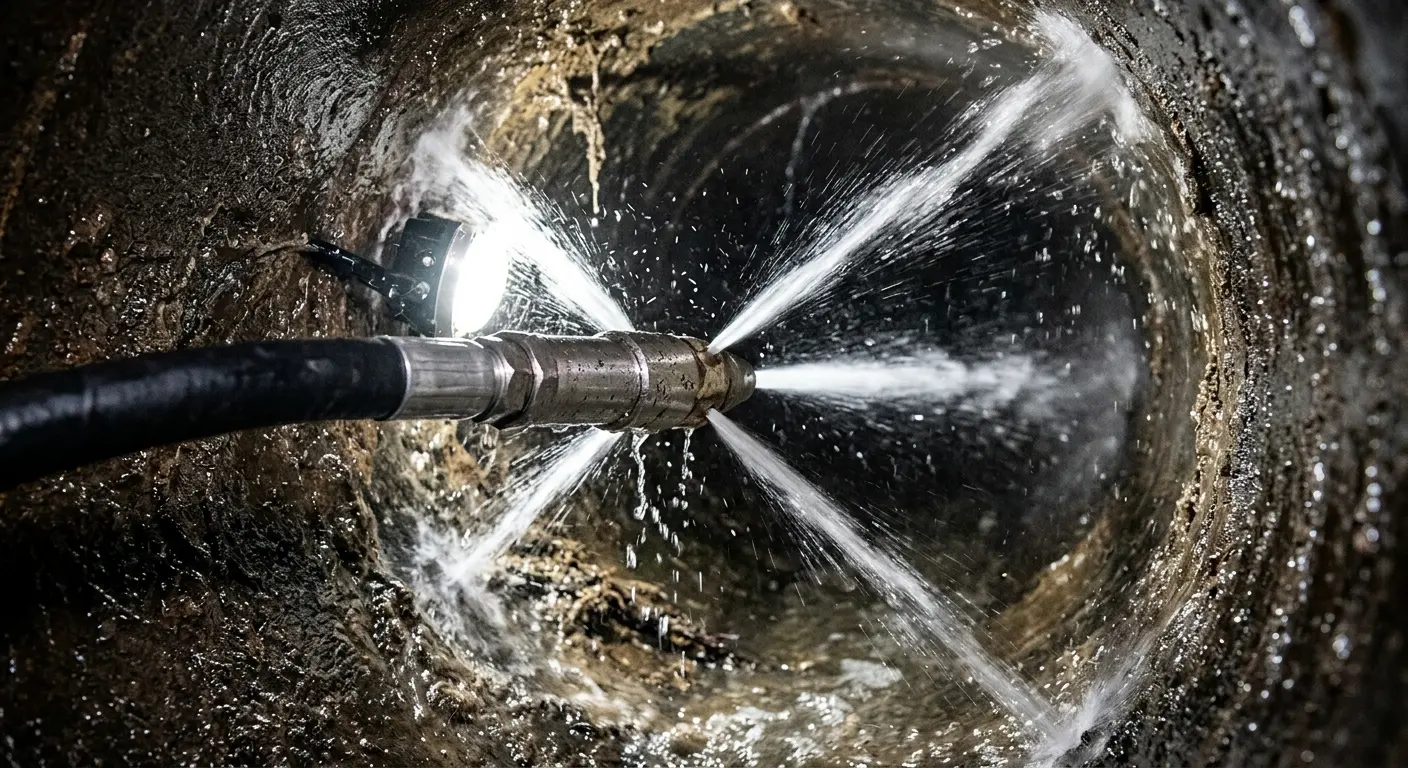 High-pressure hydro jetting nozzle cleaning sewer pipe for Trenchless Sewer Repair in La Crosse
