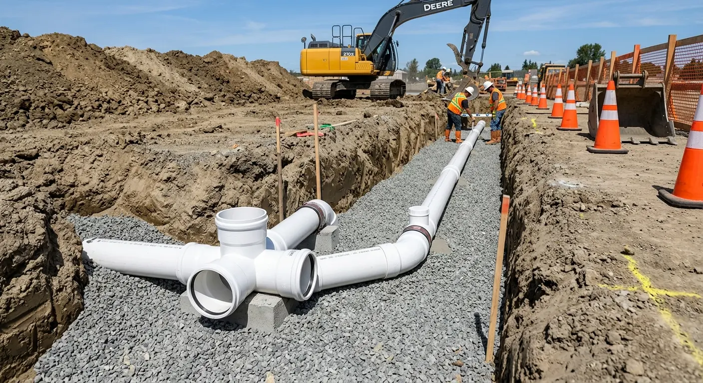 New PVC sewer pipe installation in open trench for Grease Trap Cleaning in La Crosse